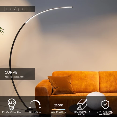 Lucide CURVE - Arc floor lamp - LED Dim. - 1x15W 2700K - Black - USP